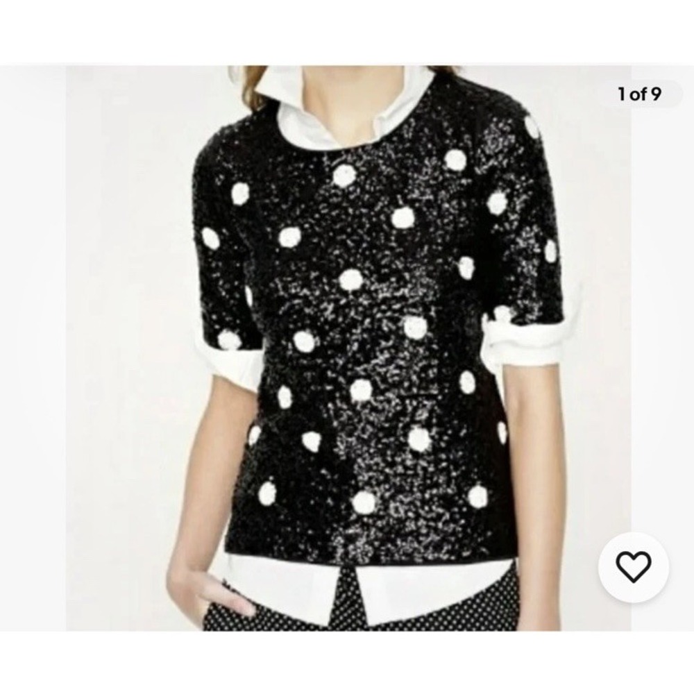 J CREW Women Xl Sequin Scoop Neck Short Sleeve Polka Dot T Shirt Top Black White - Picture 2 of 8